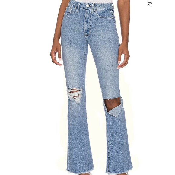 Good American Jeans Size 4 Blue Indigo129 Distressed Busted Knee Bootcut - Picture 1 of 12